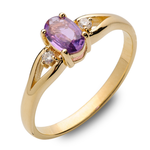 Złoty pierścionek z okazałym fioletowo-różowym szafirem i brylantami